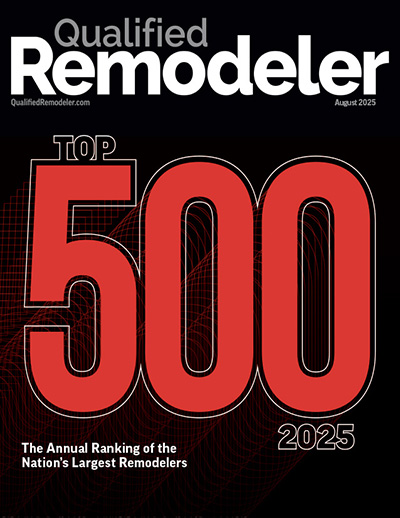 Cover of Qualified Remodeler magazine, August 2025 issue, featuring "Top 500" and "The Annual Ranking of the Nation's Largest Remodelers" in bold red and white text.