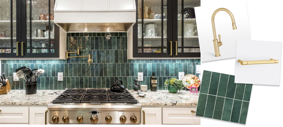 Luxury kitchen interior featuring white cabinets, a marble countertop, and emerald green tile backsplash, with images of matching faucet and handles on the side, perfect for home remodeling services in Charlotte.