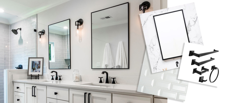 A modern bathroom remodeling with two square mirrors above a white vanity, plus an inset showing close-ups of marble frames and black mounting brackets.