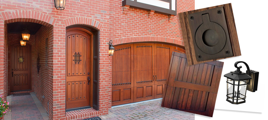 Collage of wooden doors and fixtures suitable for a home addition: arched double doors, a garage door, a lantern, and an ornate metal door knocker, set against a brick building backdrop