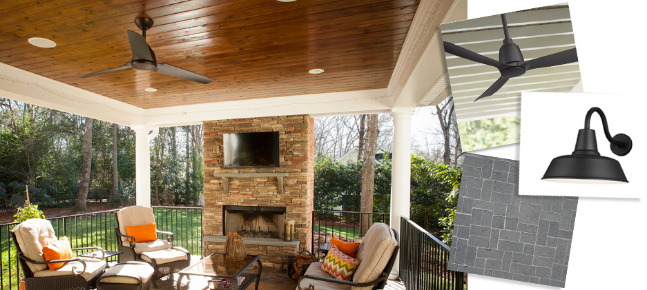 An outdoor living space with a fireplace, seating area, ceiling fan, and wood ceiling, accompanied by insets showing a fan, light fixture, and tile sample.