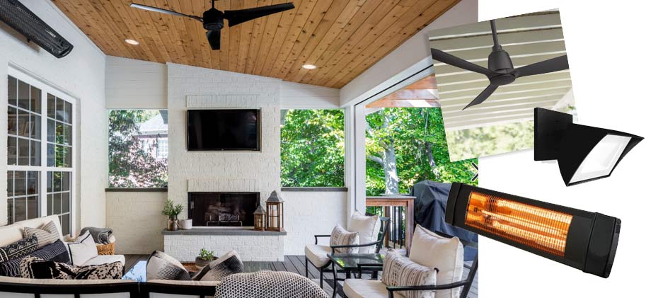 A stylish sunroom featuring a seating area, fireplace, and ceiling fan, supplemented by insets showing different outdoor heating and cooling solutions.