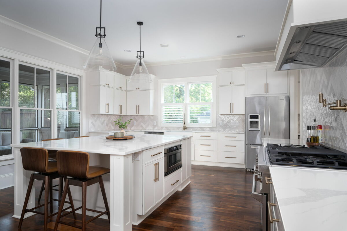white kitchen with herringbone backsplash in Charlotte