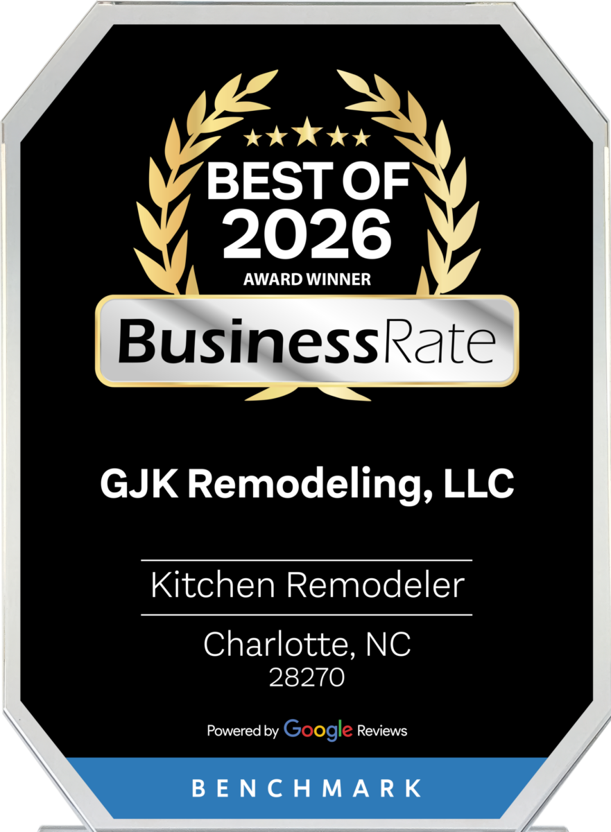 Award plaque for GJK Remodeling, LLC, named Best of 2026 Kitchen Remodeler in Charlotte, NC by Business Rate, featuring a gold laurel design and Benchmark branding.