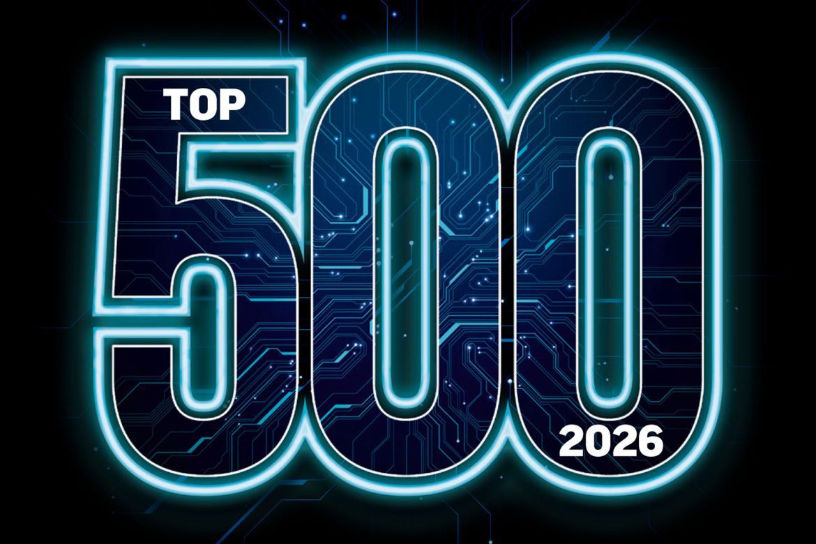 Large glowing numbers 500 with digital circuit patterns inside, the word TOP in a white box at the top left, and 2026 in smaller text at the bottom right, all on a dark-tech background.